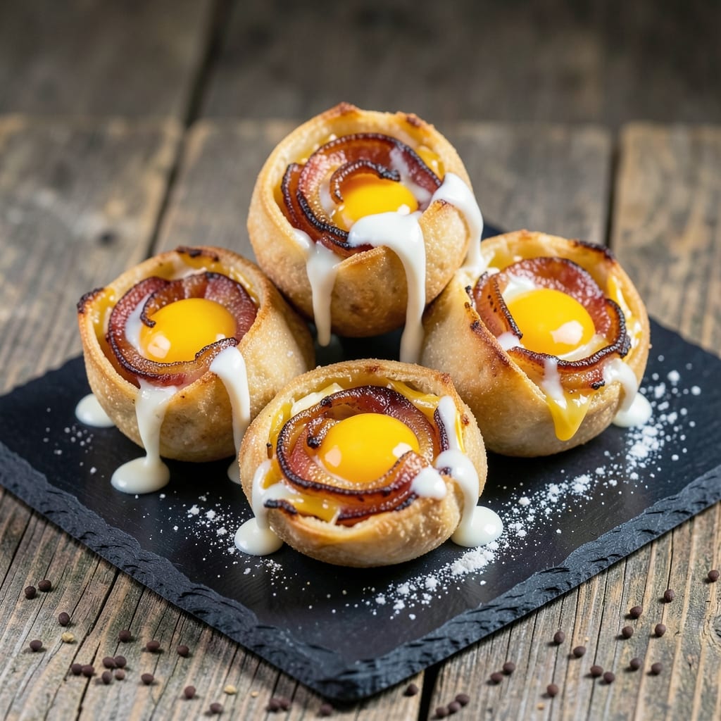 Bacon, Egg, and Cheese Bombs Recipe: Crispy Wonton Cups Stuffed With Gooey Cheese and Runny Yolk
