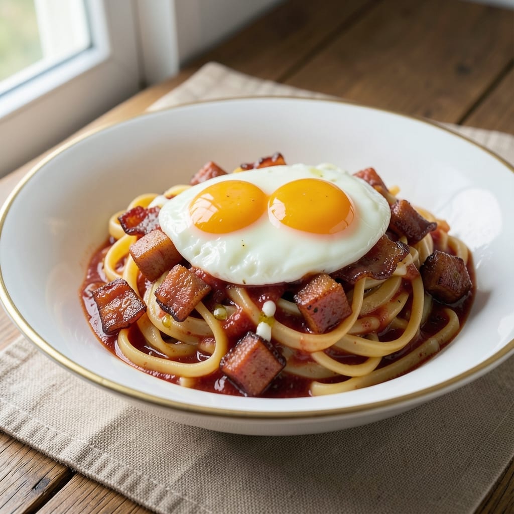 Bacon and Egg Pasta Recipe: Crispy Pancetta and Poached Eggs in Creamy Tomato