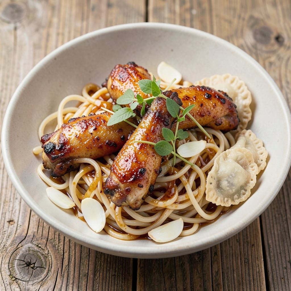 Chicken Wings And Egg Noodles Recipe: Smoky Garlic Glaze With Crispy Wonton Crunch