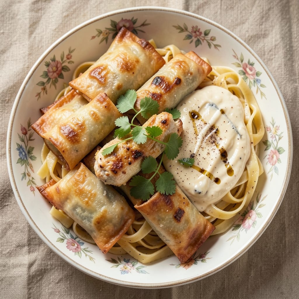 Chicken Alfredo Egg Rolls Recipe: Crispy Wonton Shells Stuffed With Creamy Pasta Filling