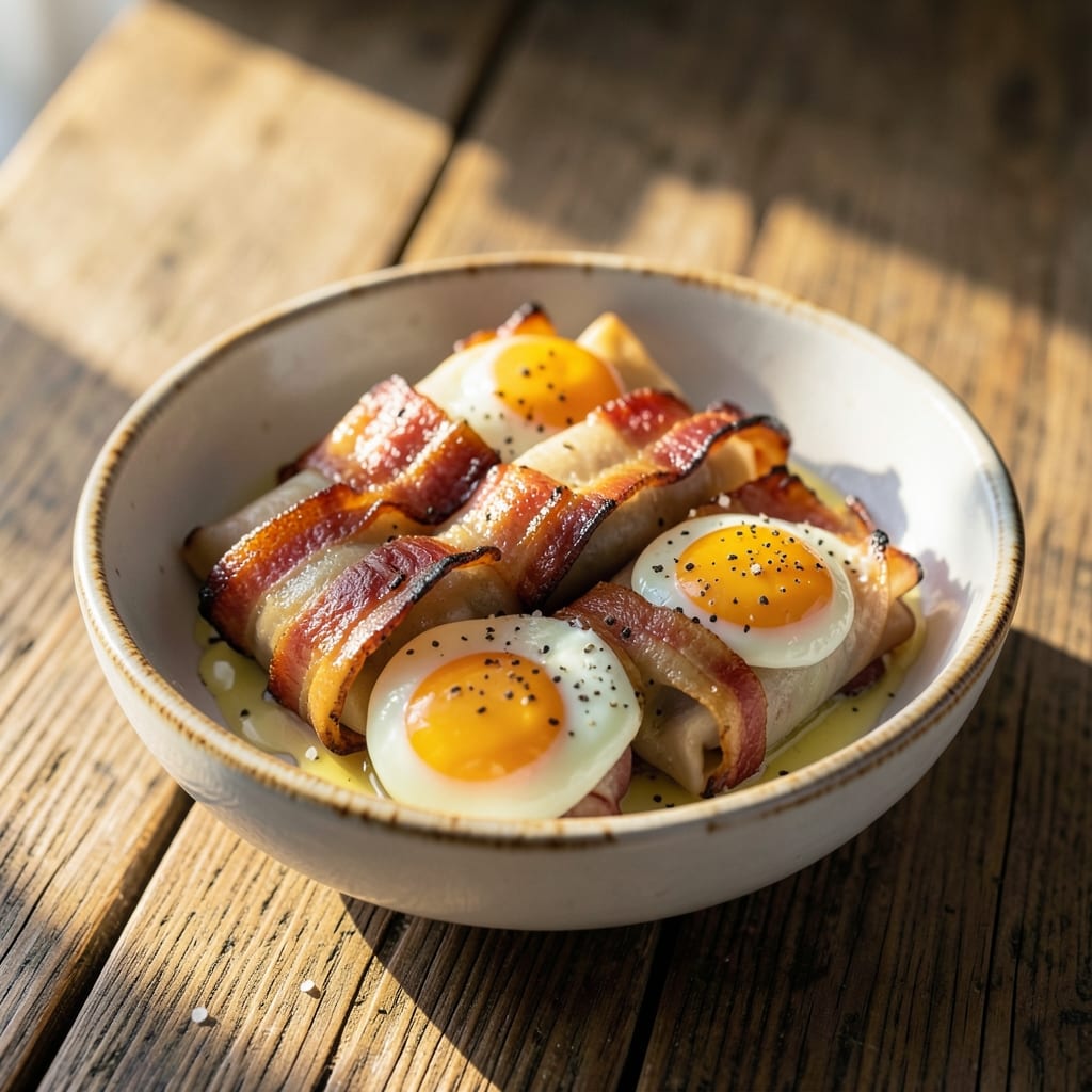 Bacon and Egg Breakfast Roll Recipe: Crispy Wonton Crust with Runny Yolk Streaks