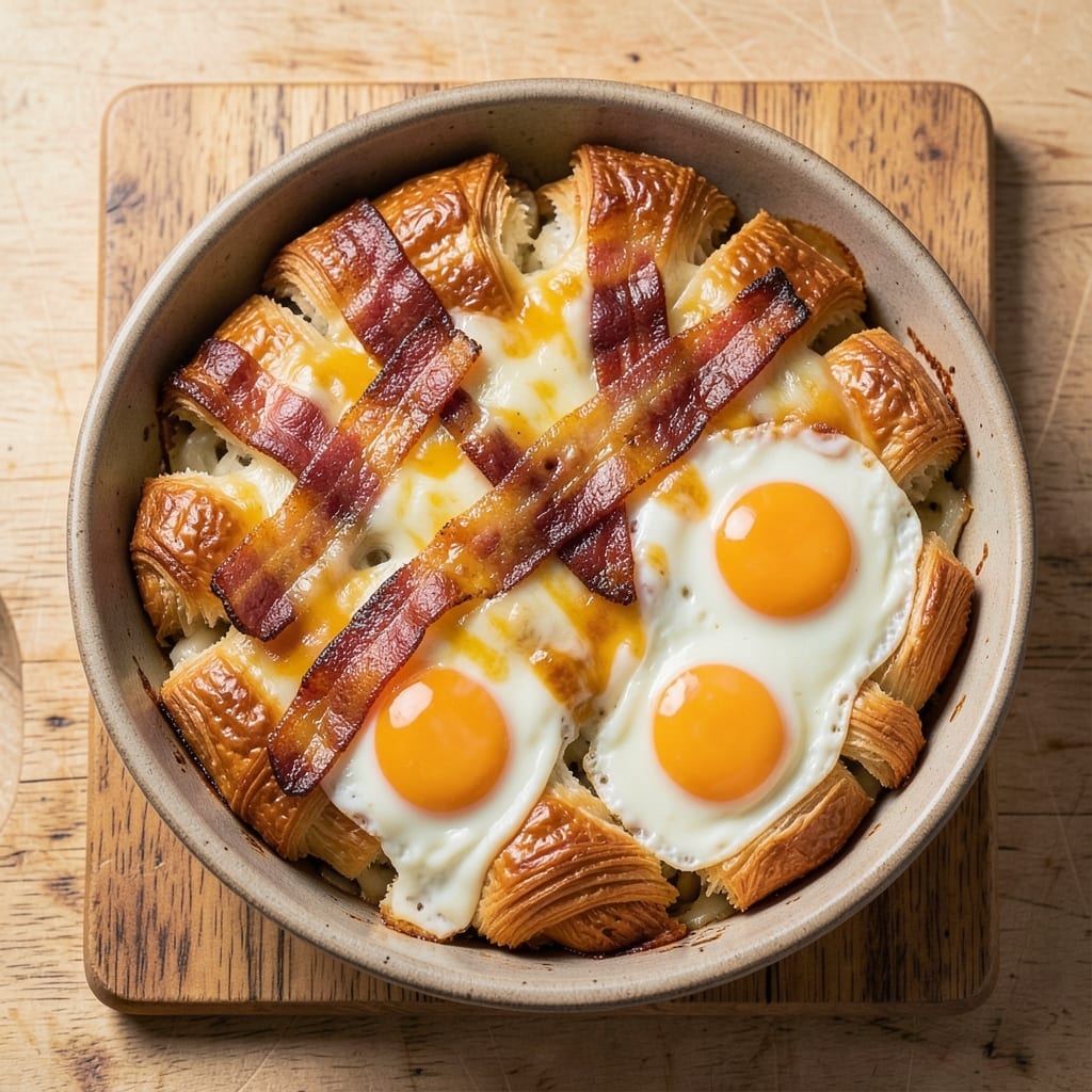 Bacon, Egg, and Cheese Croissant Casserole Recipe: Flaky Layers and Runny Yolk Rivers