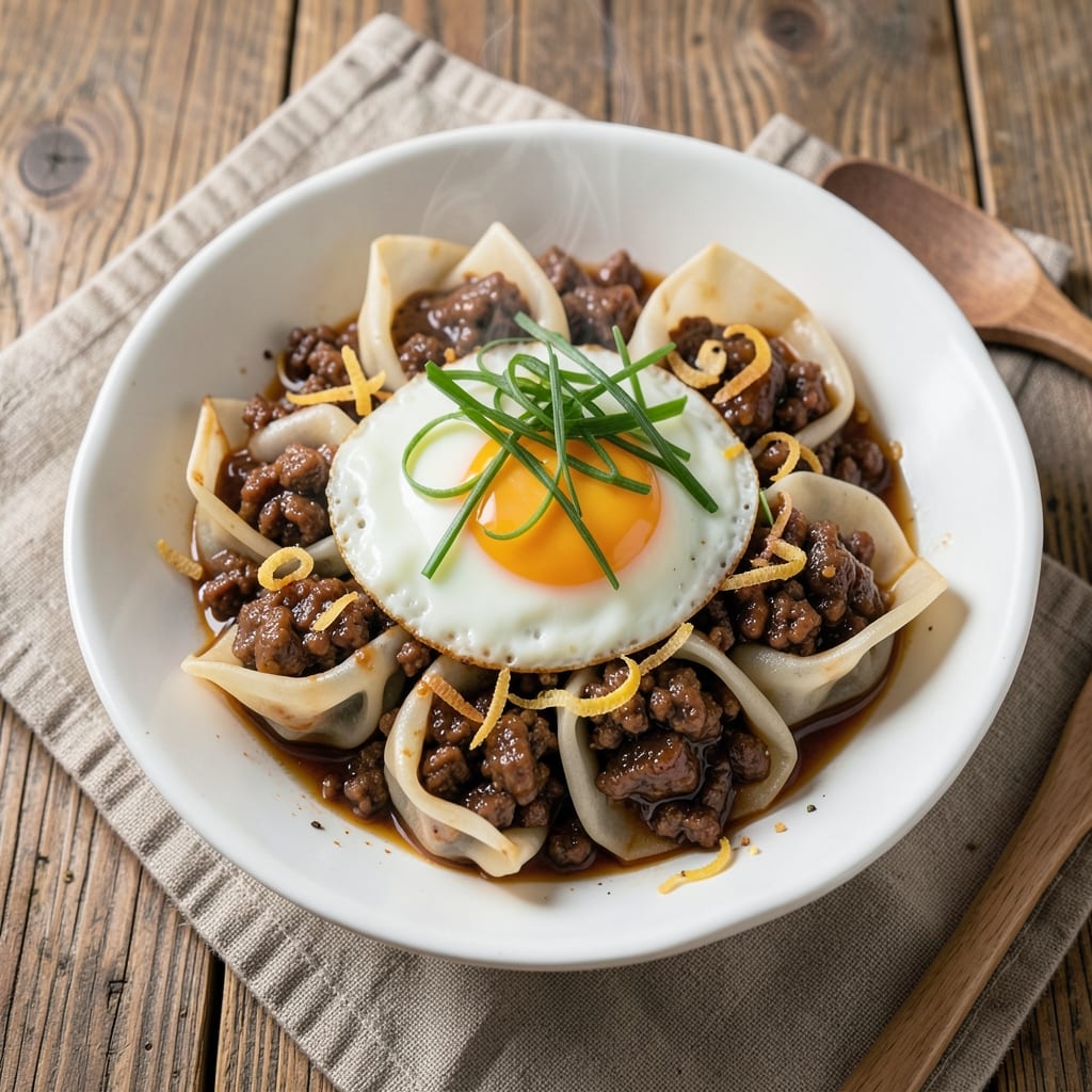 Beef Mince and Eggs Recipe: Crispy Wonton Cups With Runny Yolk Rivers