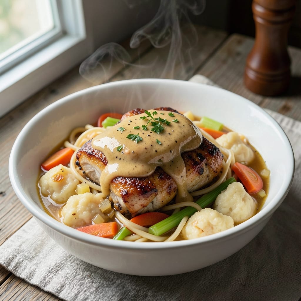 Chicken and Dumplings Recipe With Egg Noodles: One-Pot Creaminess With Fluffy Noodle Dumplings