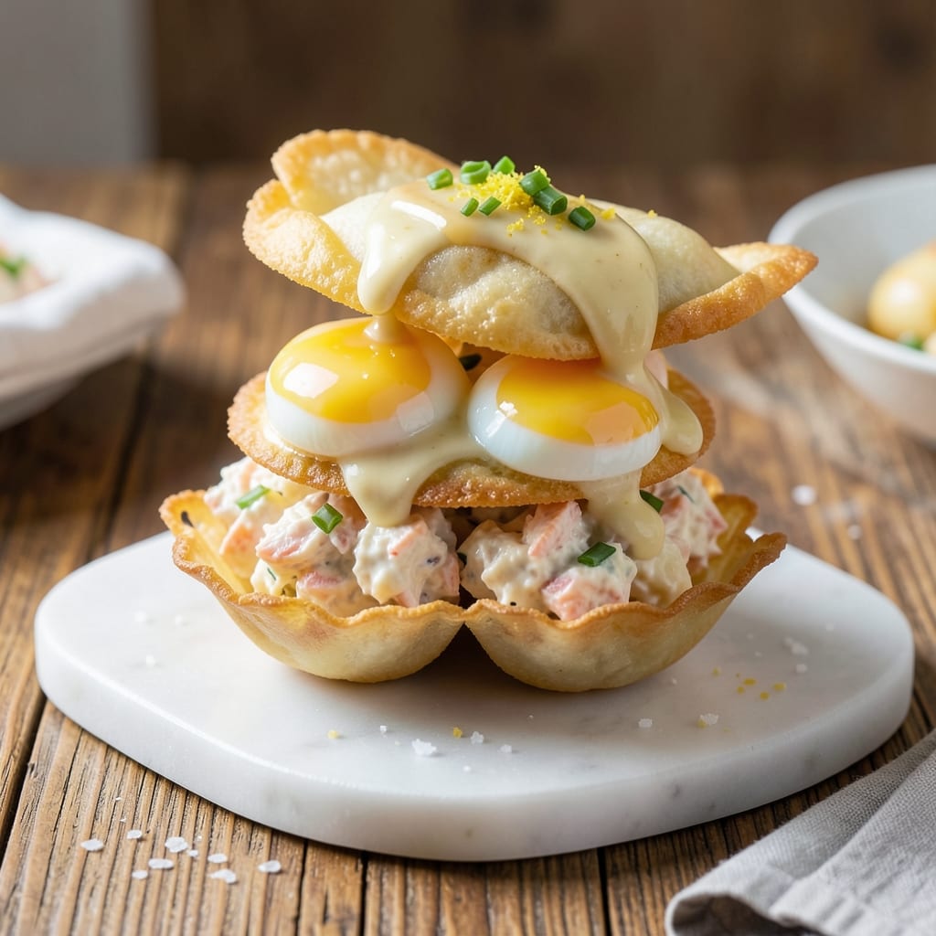 Crab and Egg Salad Sandwich Recipe: Crispy Wonton Cups With Silky Yolk Streaks