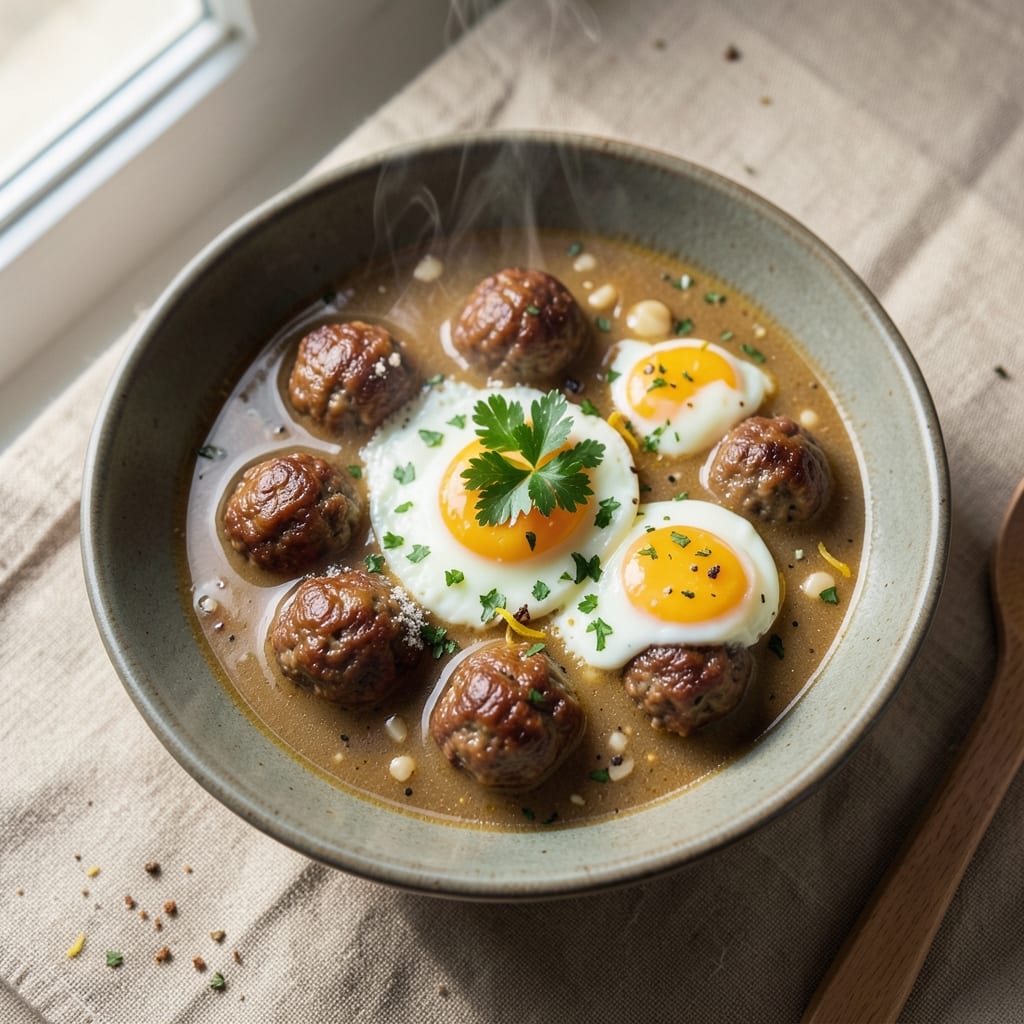 Baked Egg and Meatball Soup Recipe: One-Pot Comfort With Golden Egg Whites