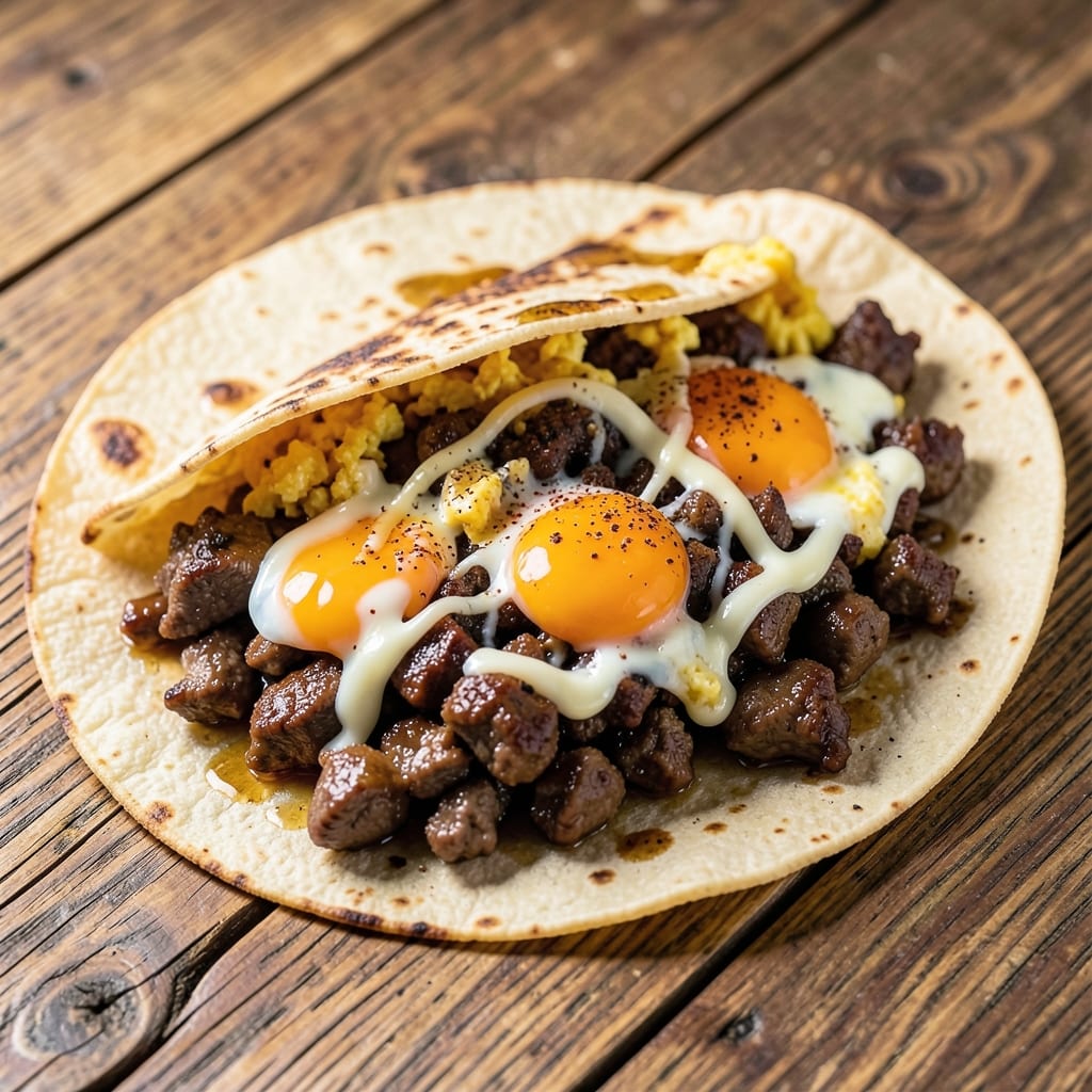 Beef and Egg Burrito Recipe: Breakfast Burrito Stacks With Runny Yolk Rivers