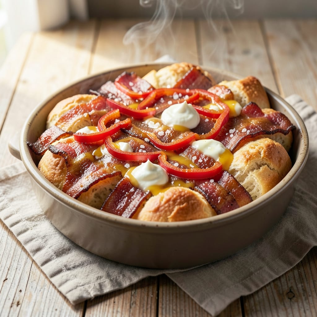 Bacon Egg and Cheese Biscuit Bake Recipe: Flaky Layers With Crispy Bacon Bites